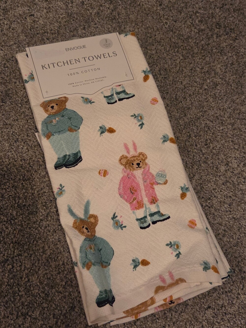Envogue Cotton Kitchen Towels Set Of 3 Teddy Bear Easter Bunny Print